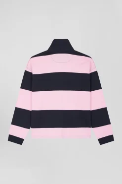 Relaxed navy and pink striped long-sleeved cotton rugby shirt