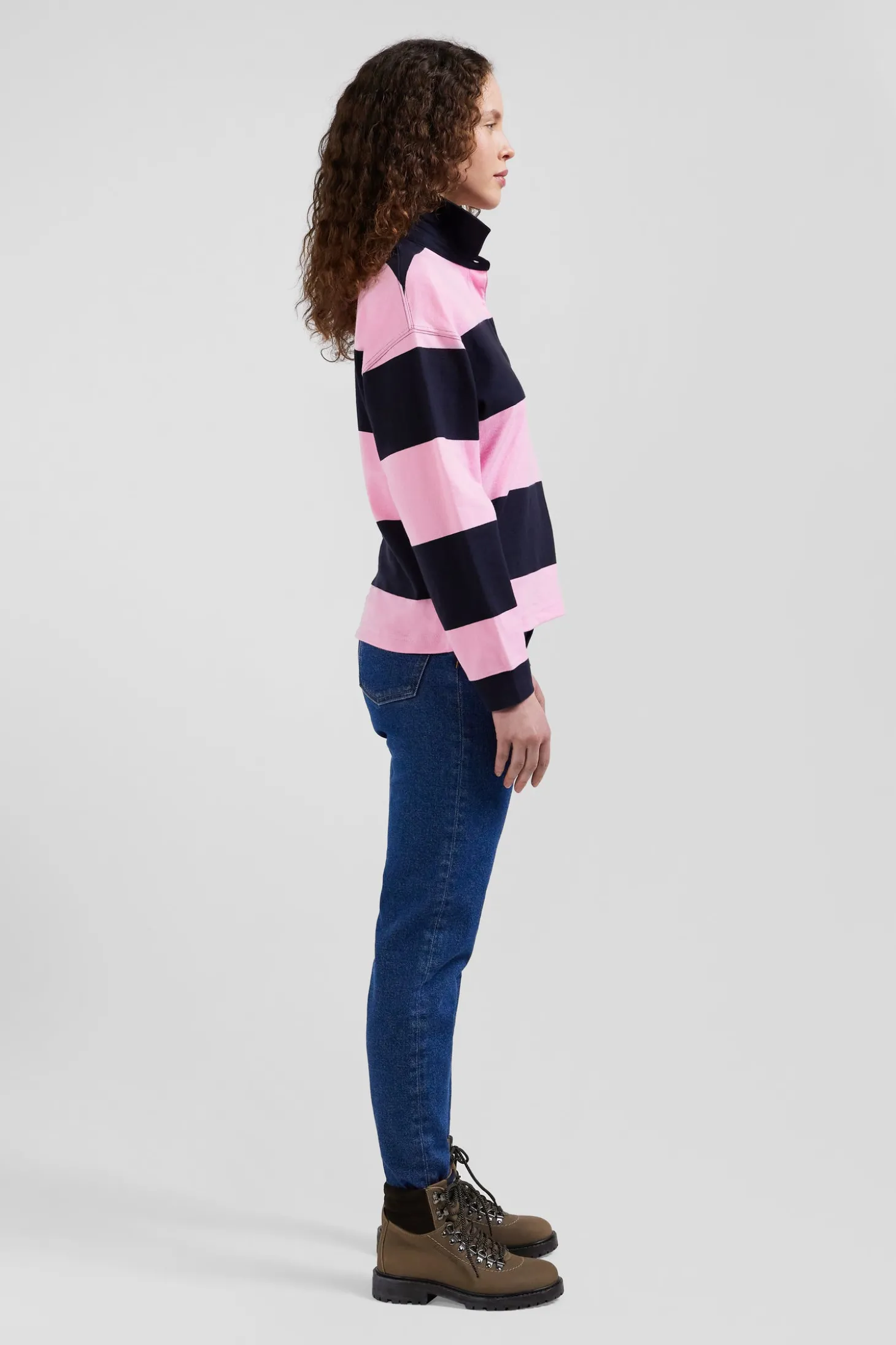 Relaxed navy and pink striped long-sleeved cotton rugby shirt