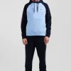 Relaxed navy and sky blue fleece hoodie with branded drawstrings