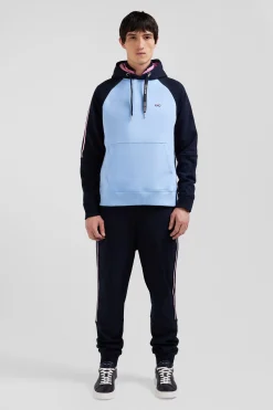 Relaxed navy and sky blue fleece hoodie with branded drawstrings