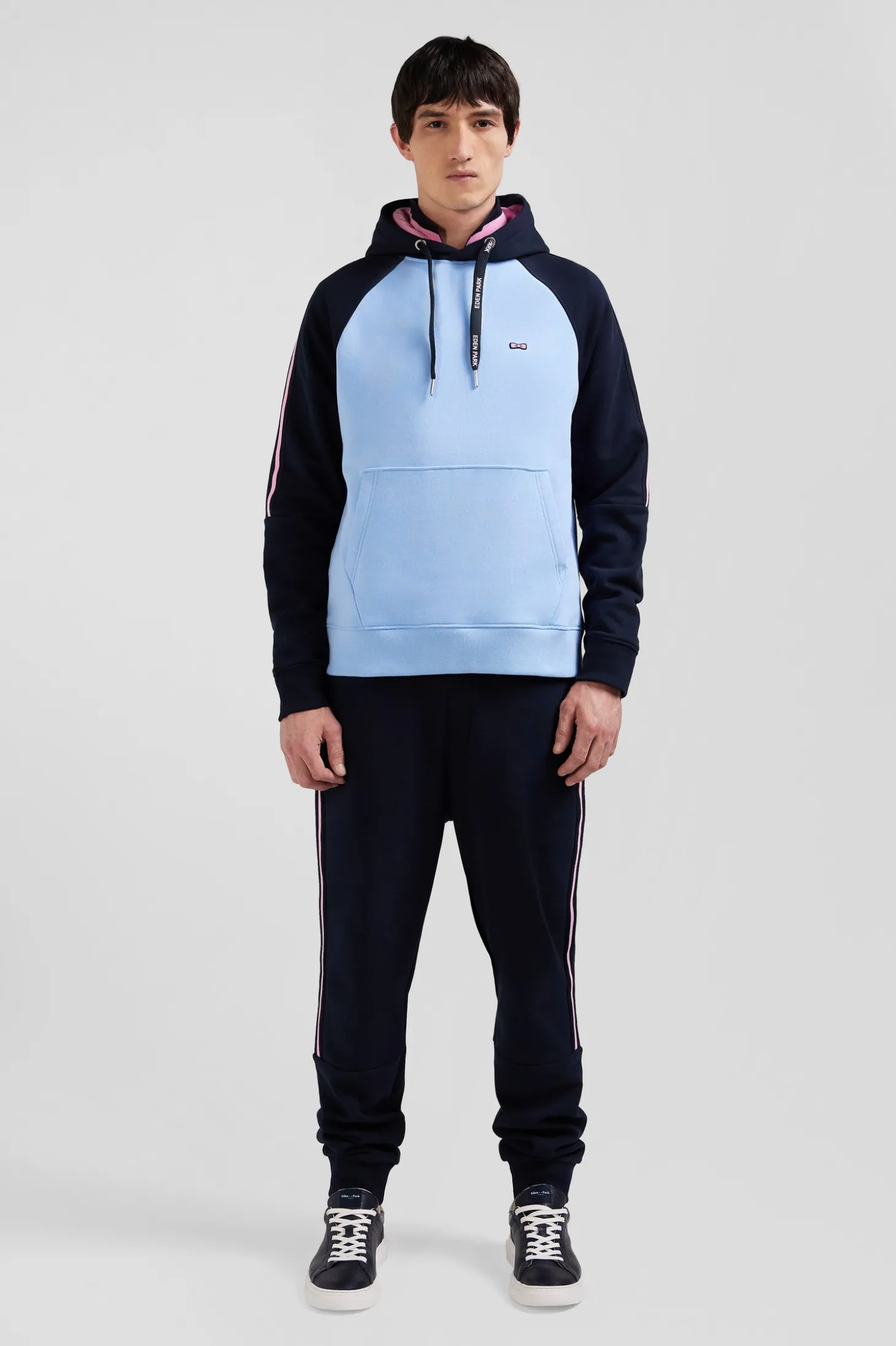 Relaxed navy and sky blue fleece hoodie with branded drawstrings