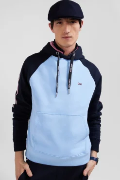 Relaxed navy and sky blue fleece hoodie with branded drawstrings