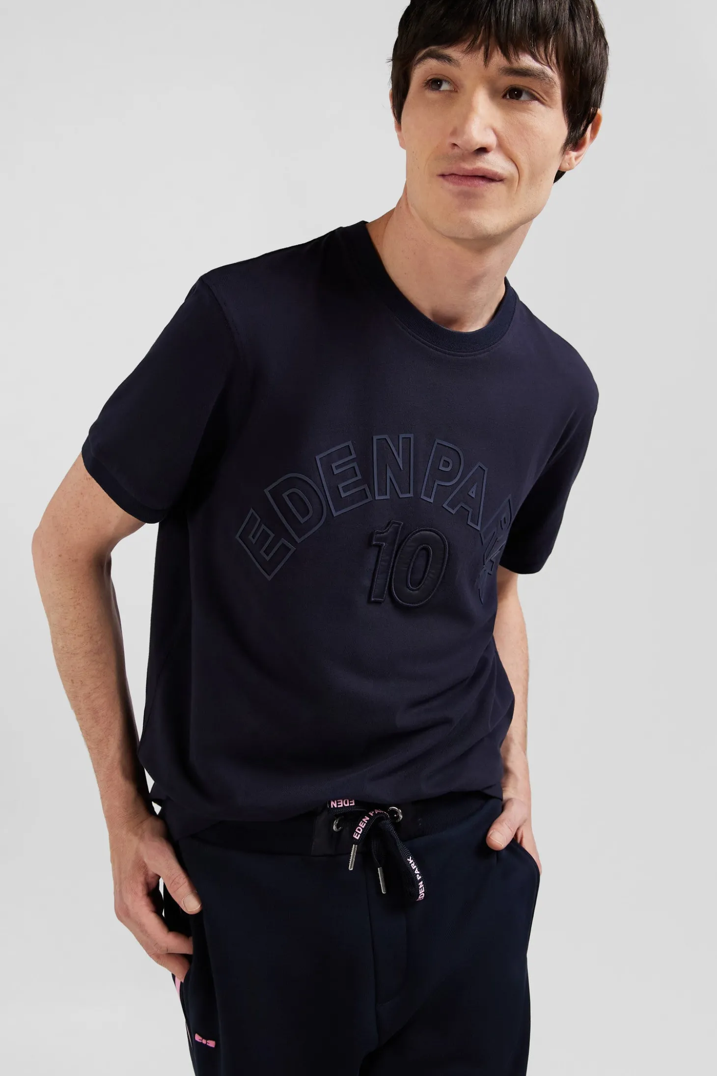 Relaxed navy and sky blue bicolor short-sleeved cotton T-shirt with Eden Park 10 print