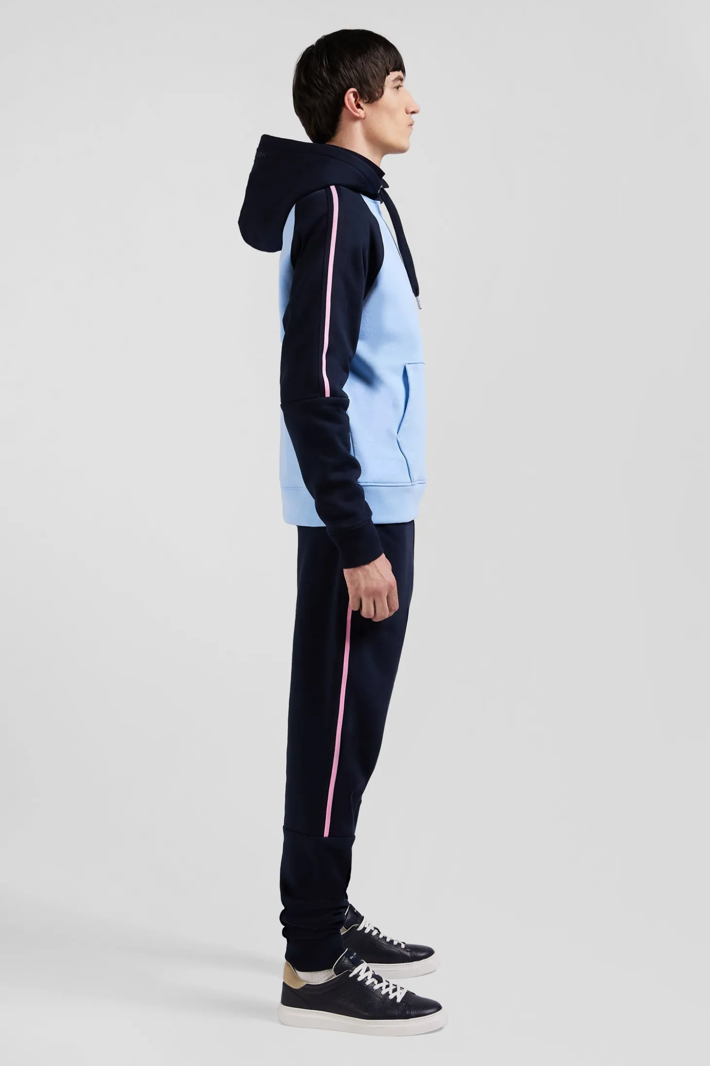 Relaxed navy and sky blue fleece hoodie with branded drawstrings