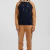Relaxed navy blue and camel fleece hoodie with branded drawstrings
