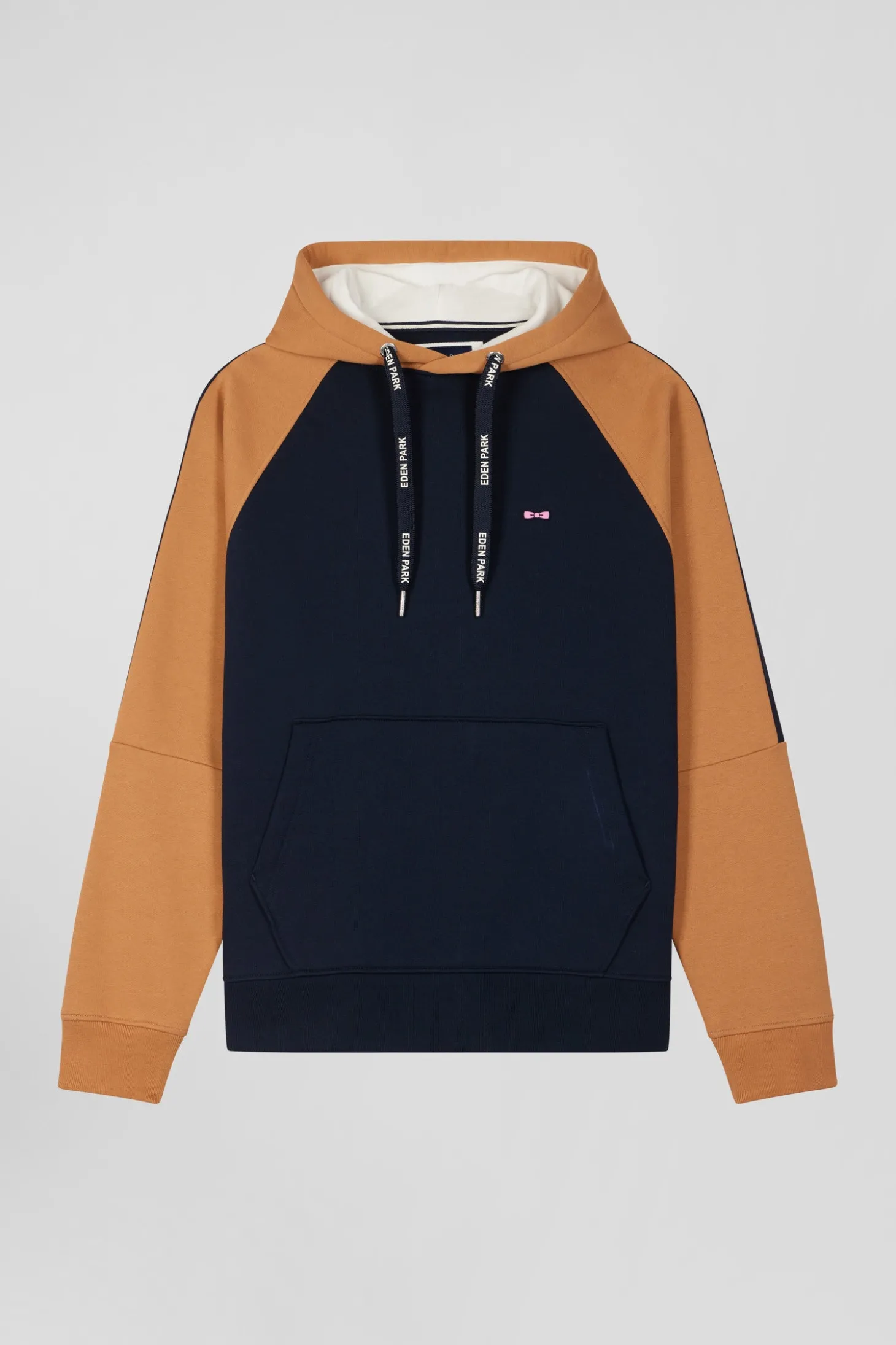 Relaxed navy blue and camel fleece hoodie with branded drawstrings