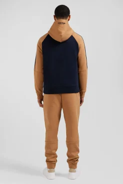 Relaxed navy blue and camel fleece hoodie with branded drawstrings