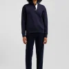 Relaxed navy blue cotton blend sweatshirt with back embroidery and rugby shirt collar