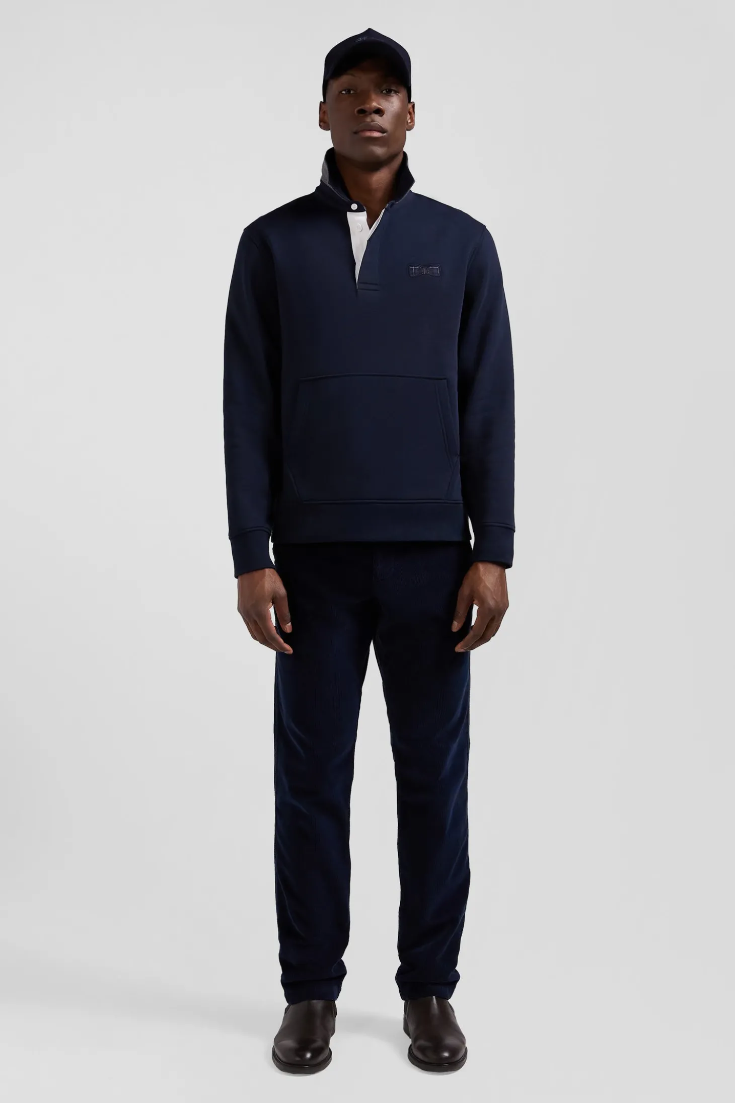 Relaxed navy blue cotton blend sweatshirt with checked patchwork and rugby shirt collar