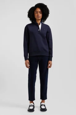 Relaxed navy blue cotton blend sweatshirt with back embroidery and rugby shirt collar