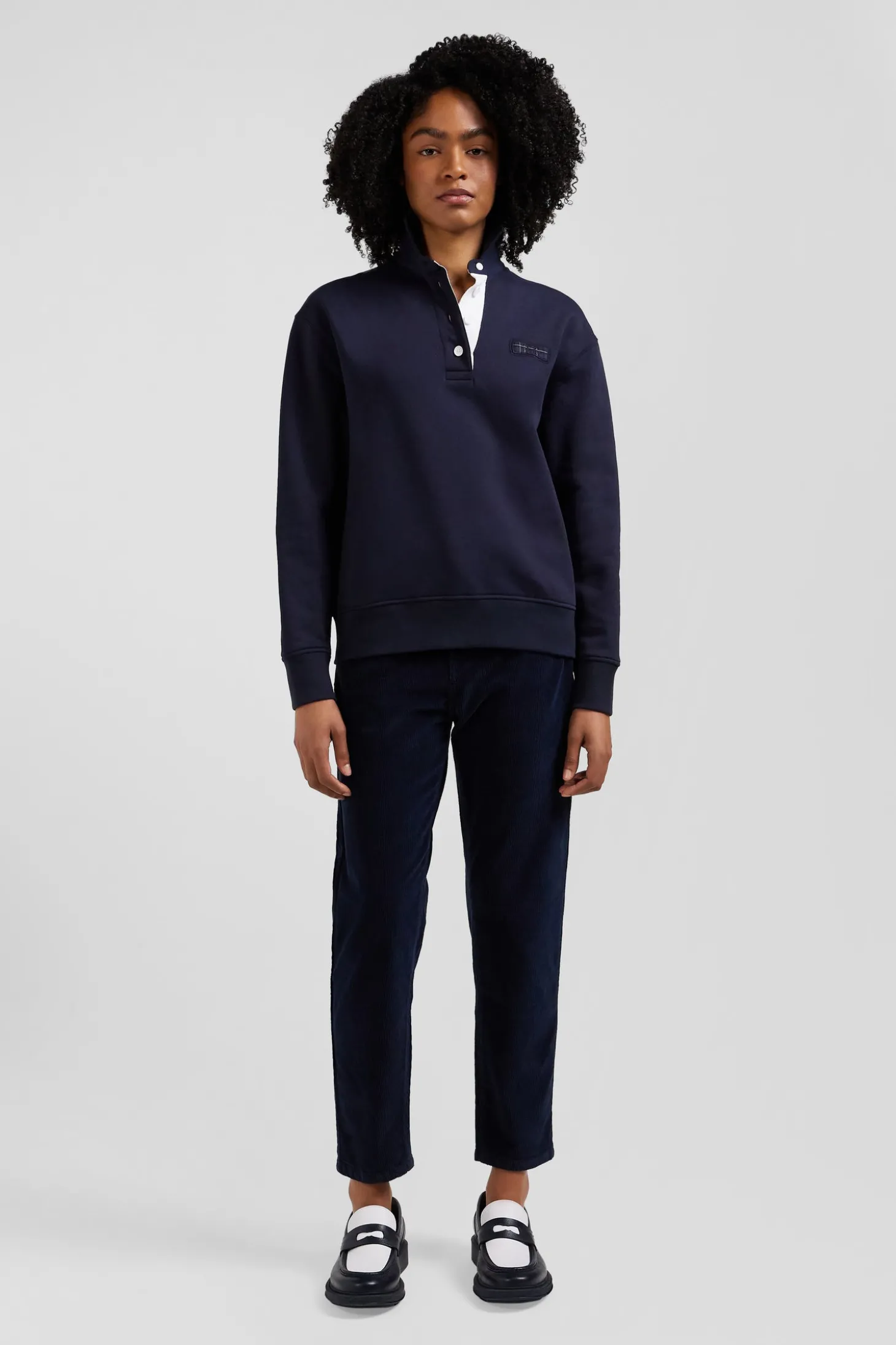 Relaxed navy blue cotton blend sweatshirt with back embroidery and rugby shirt collar