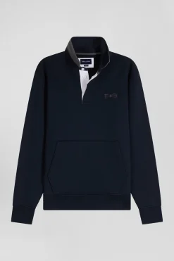Relaxed navy blue cotton blend sweatshirt with checked patchwork and rugby shirt collar
