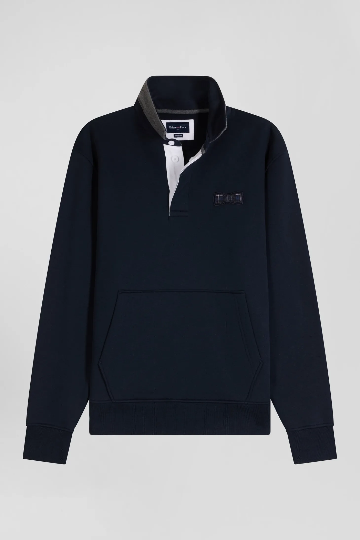 Relaxed navy blue cotton blend sweatshirt with checked patchwork and rugby shirt collar