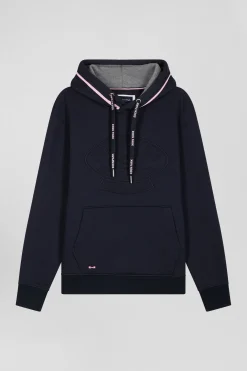 Relaxed navy blue cotton blend hoodie with padded embroidery