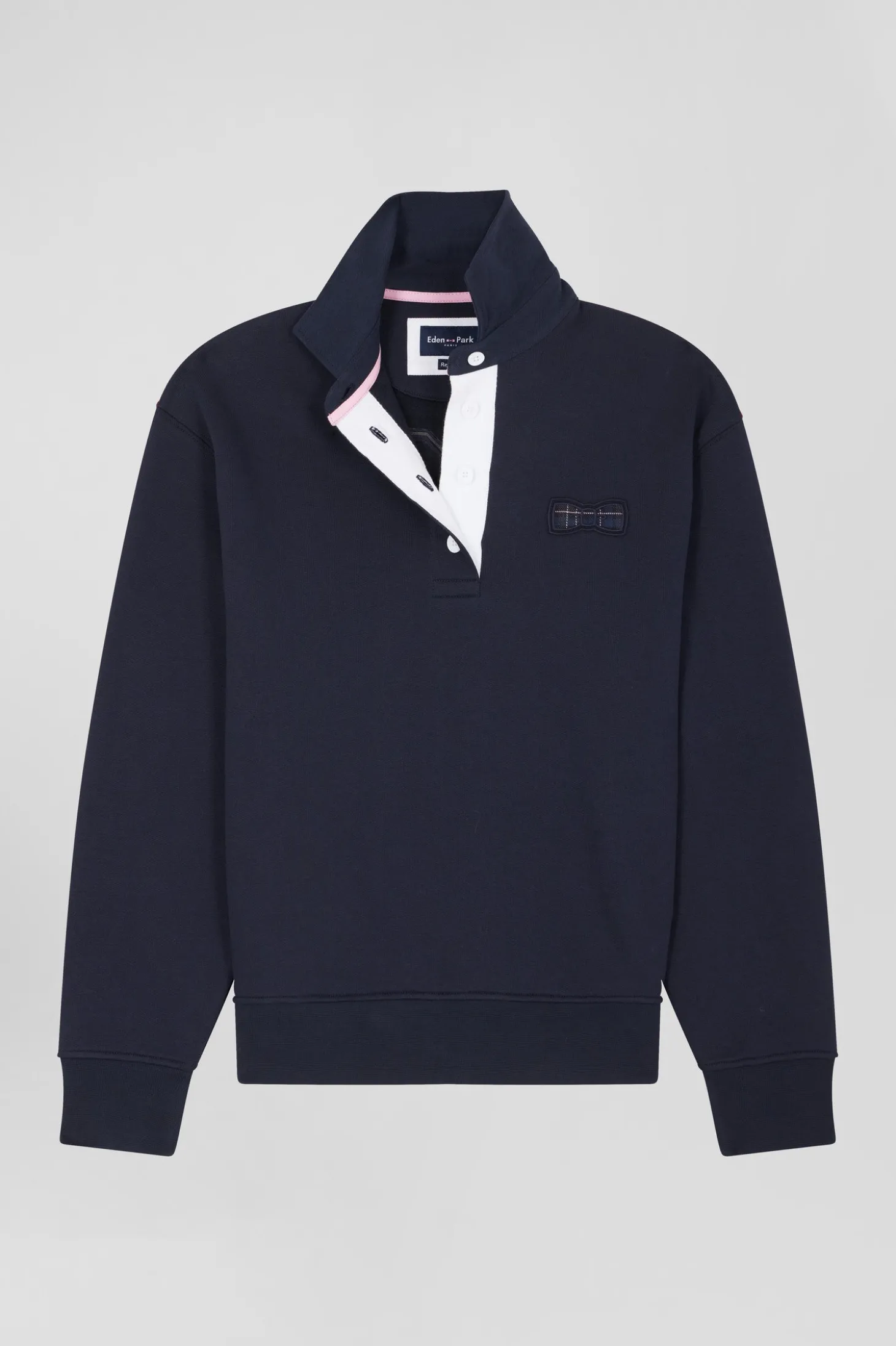 Relaxed navy blue cotton blend sweatshirt with back embroidery and rugby shirt collar