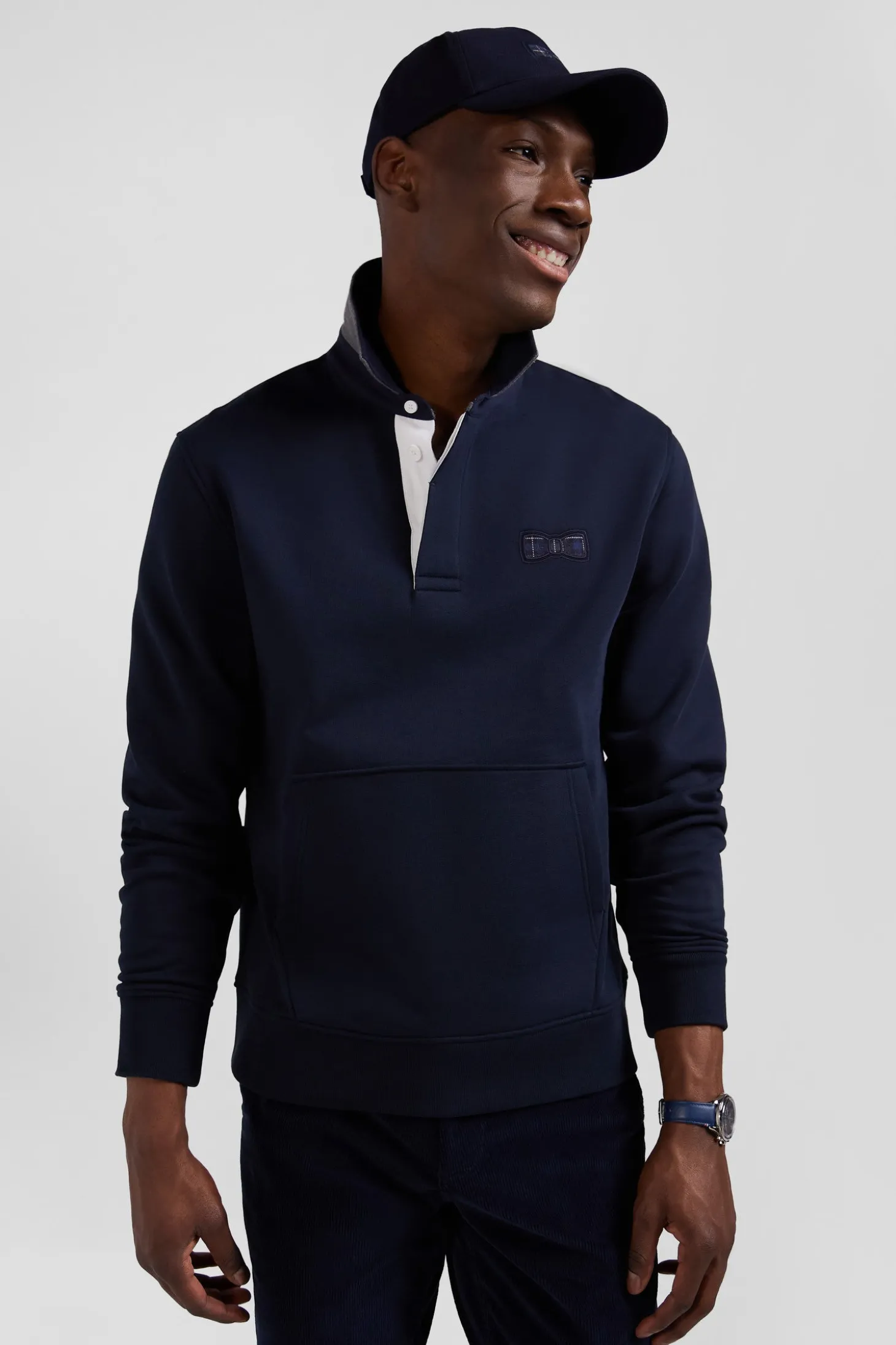 Relaxed navy blue cotton blend sweatshirt with checked patchwork and rugby shirt collar