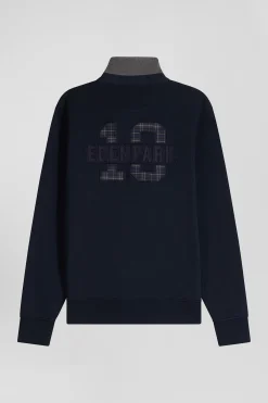 Relaxed navy blue cotton blend sweatshirt with checked patchwork and rugby shirt collar