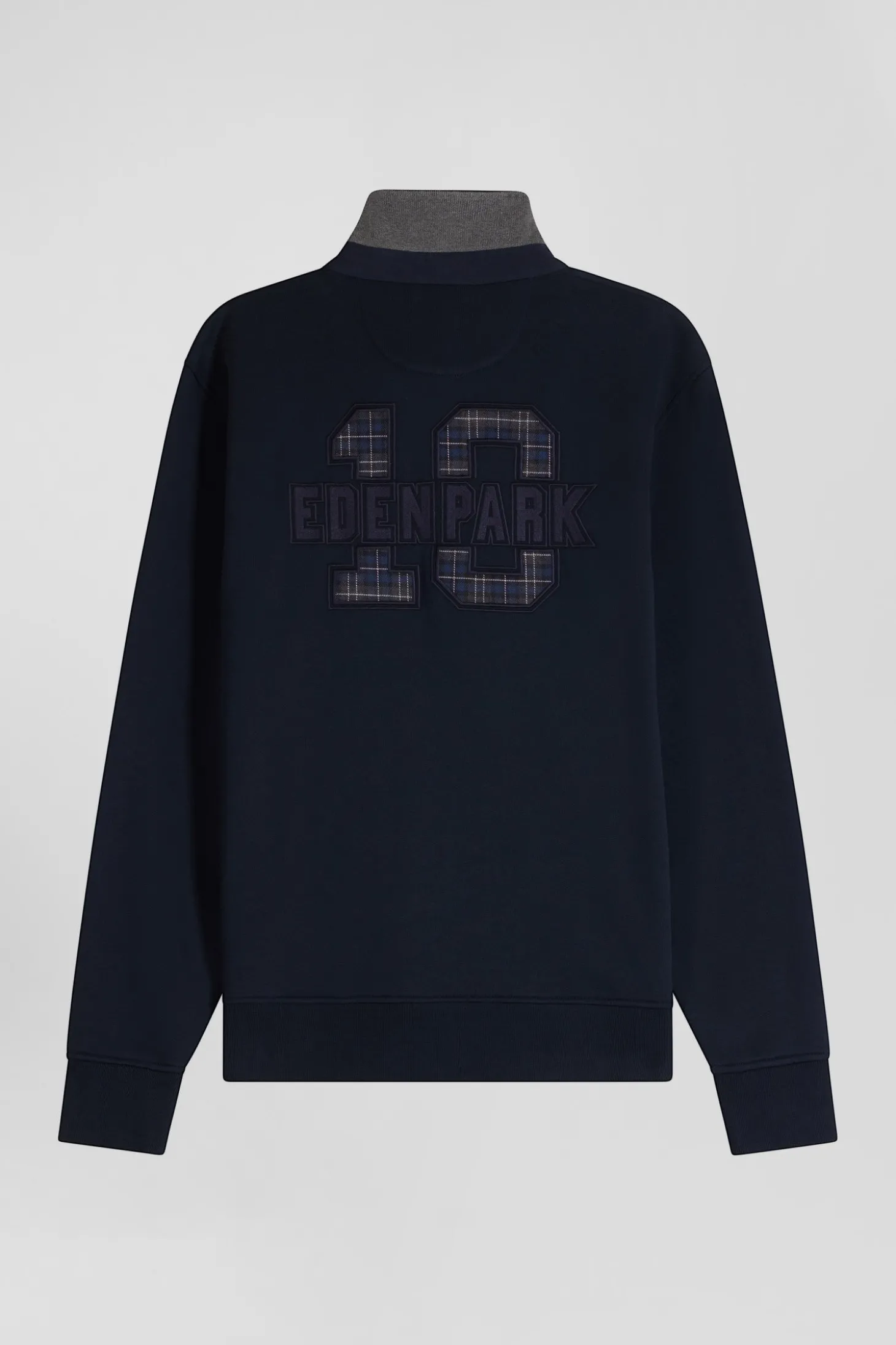Relaxed navy blue cotton blend sweatshirt with checked patchwork and rugby shirt collar
