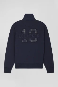 Relaxed navy blue cotton blend sweatshirt with back embroidery and rugby shirt collar