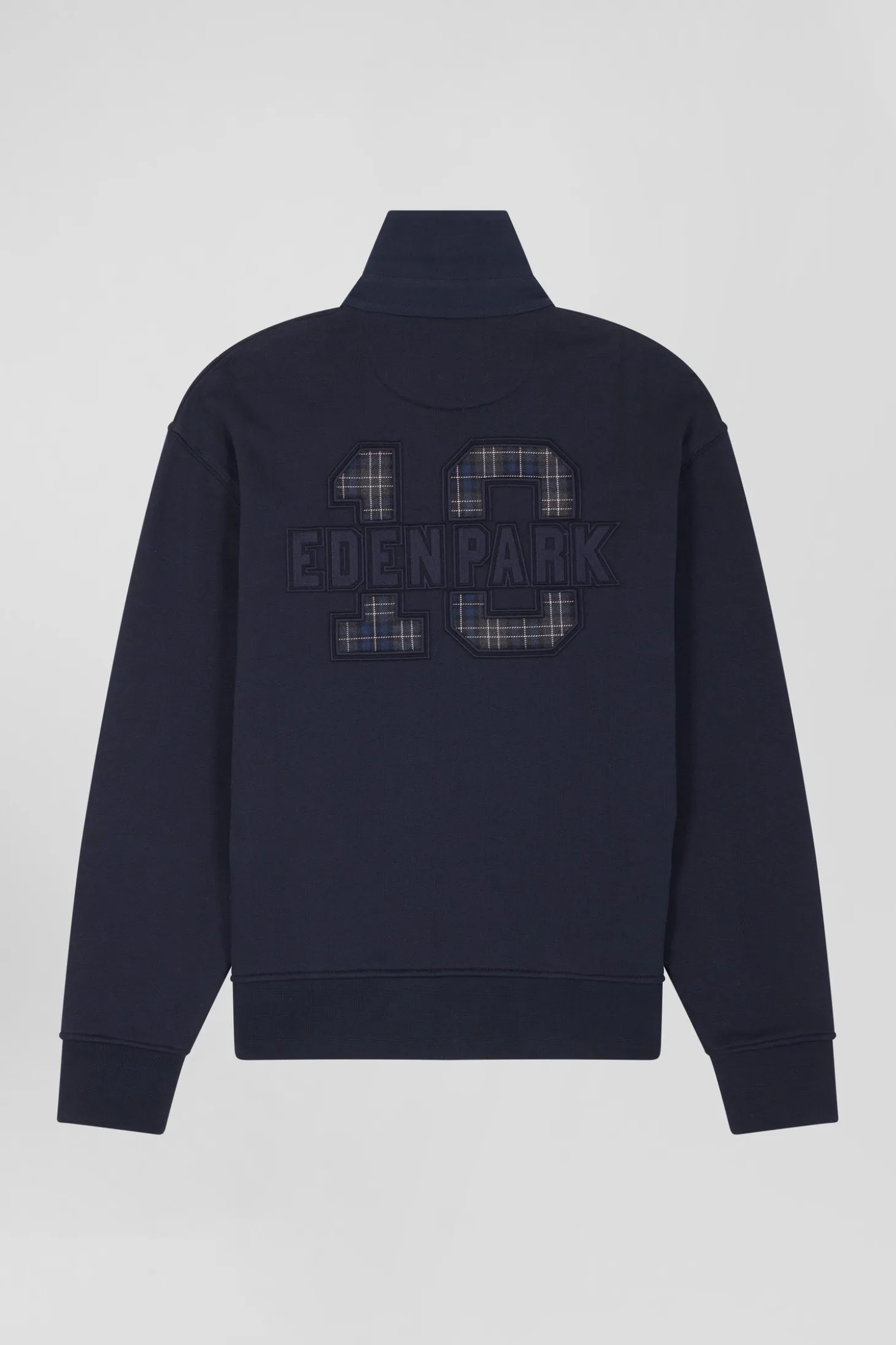 Relaxed navy blue cotton blend sweatshirt with back embroidery and rugby shirt collar