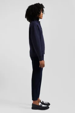 Relaxed navy blue cotton blend sweatshirt with back embroidery and rugby shirt collar