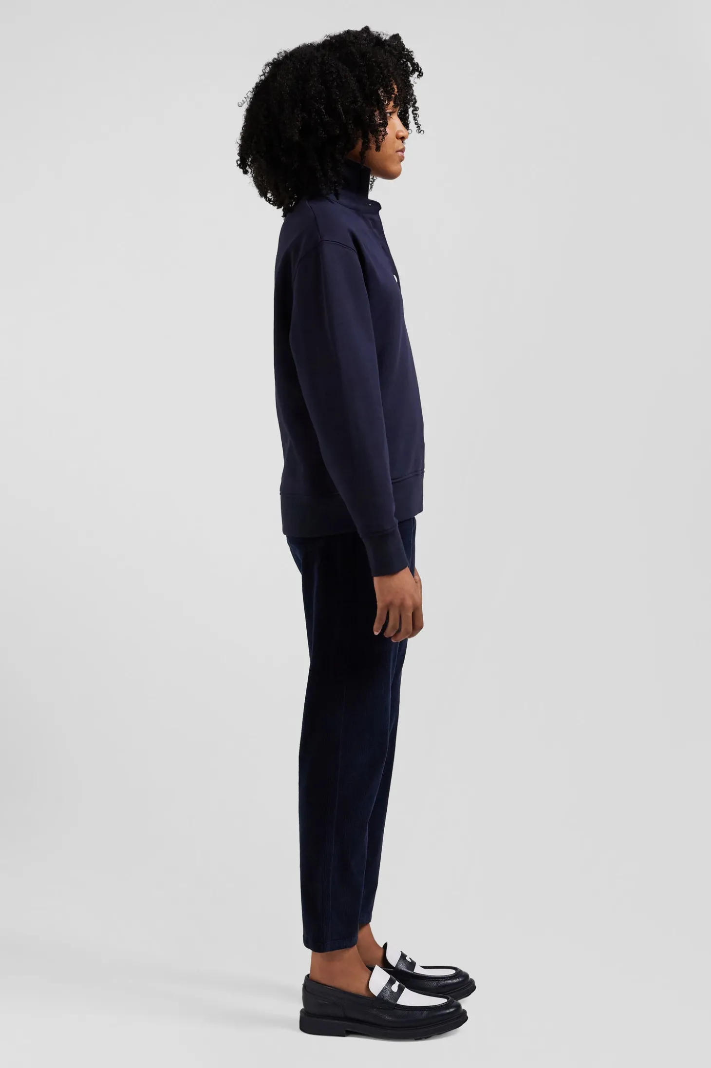 Relaxed navy blue cotton blend sweatshirt with back embroidery and rugby shirt collar
