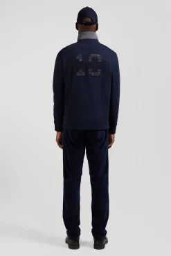 Relaxed navy blue cotton blend sweatshirt with checked patchwork and rugby shirt collar