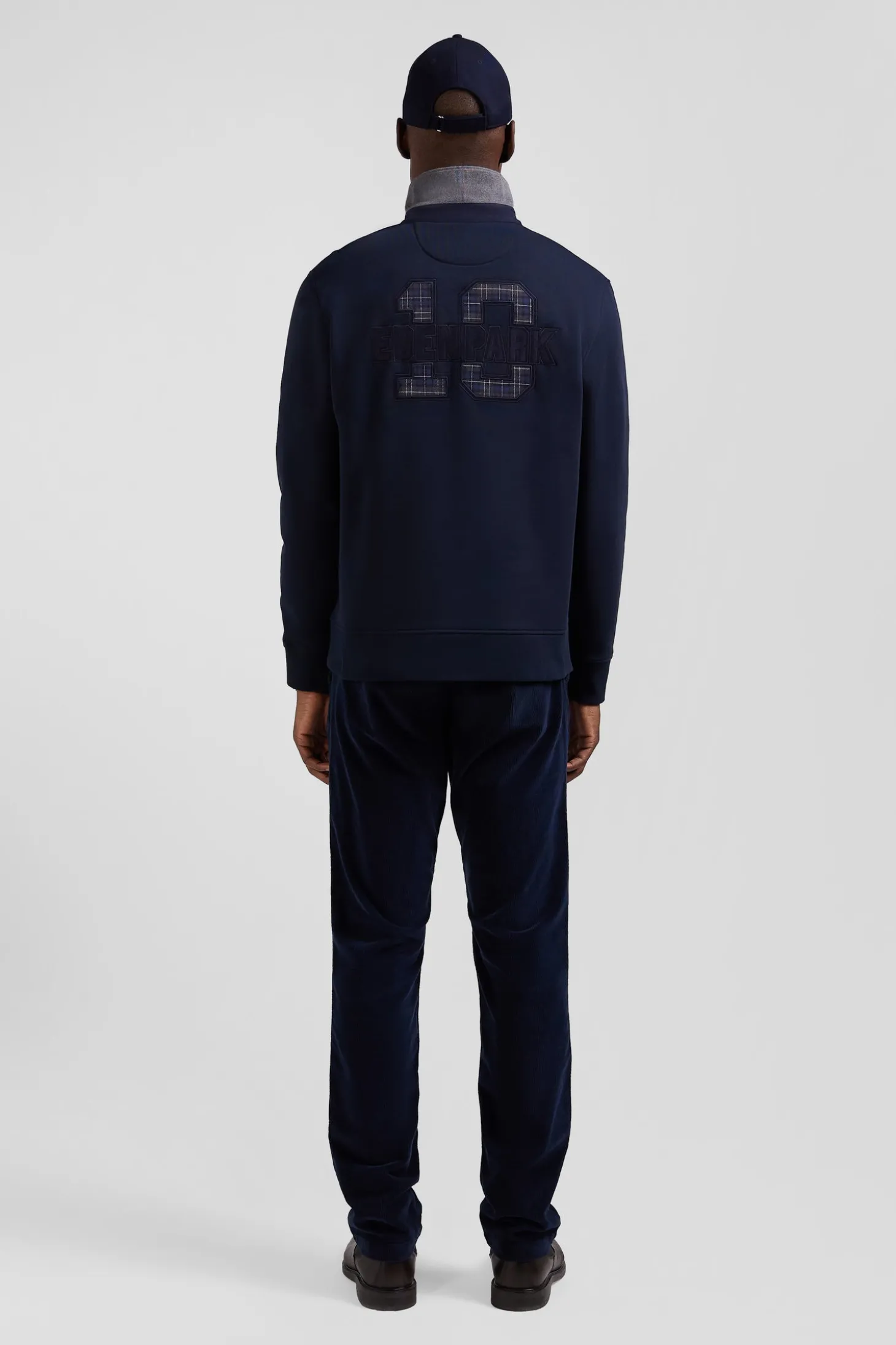 Relaxed navy blue cotton blend sweatshirt with checked patchwork and rugby shirt collar