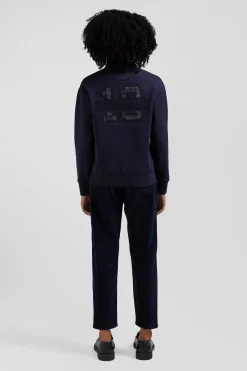 Relaxed navy blue cotton blend sweatshirt with back embroidery and rugby shirt collar