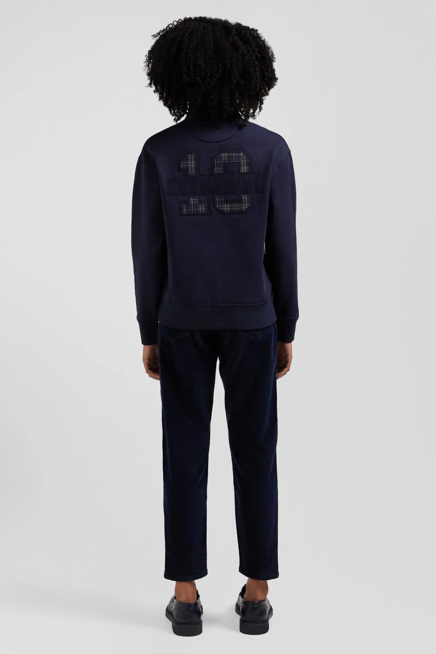 Relaxed navy blue cotton blend sweatshirt with back embroidery and rugby shirt collar