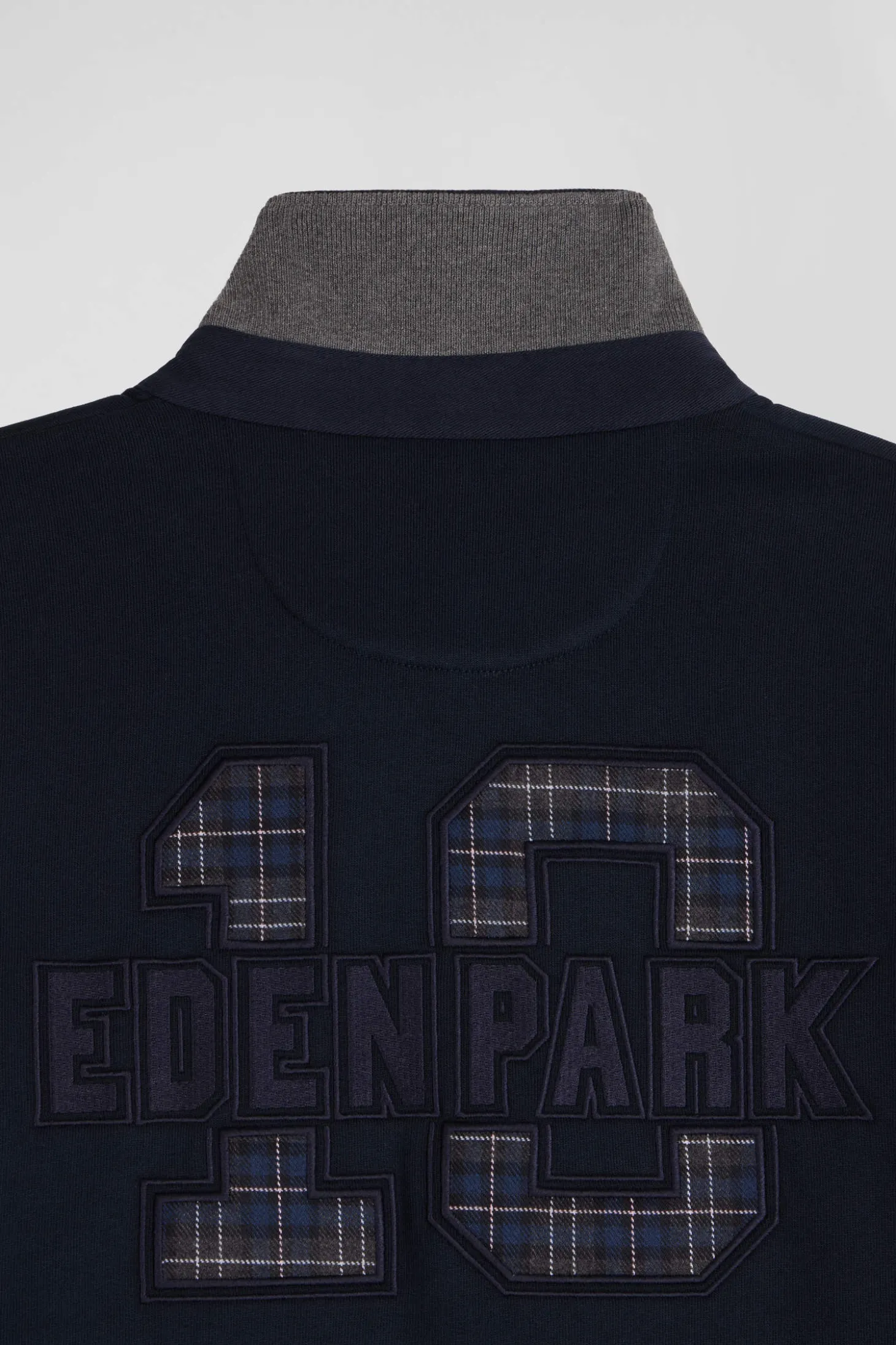 Relaxed navy blue cotton blend sweatshirt with checked patchwork and rugby shirt collar