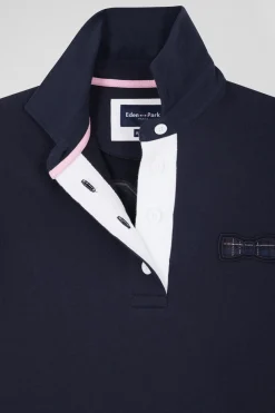 Relaxed navy blue cotton blend sweatshirt with back embroidery and rugby shirt collar
