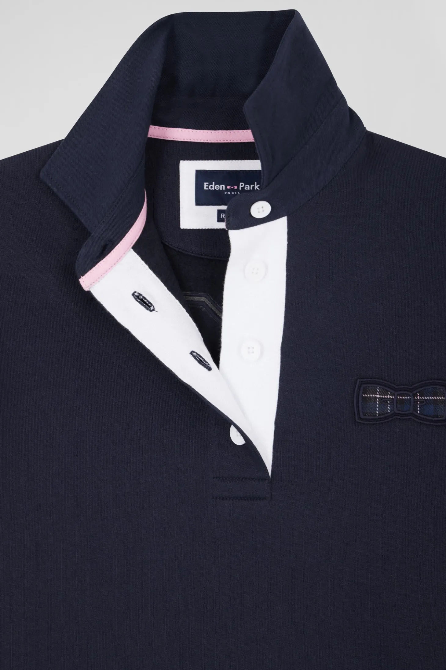 Relaxed navy blue cotton blend sweatshirt with back embroidery and rugby shirt collar