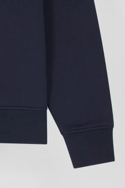 Relaxed navy blue cotton blend sweatshirt with back embroidery and rugby shirt collar