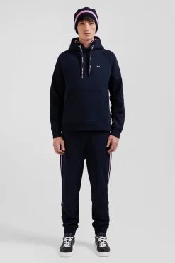 Relaxed navy blue fleece hoodie with branded drawstrings