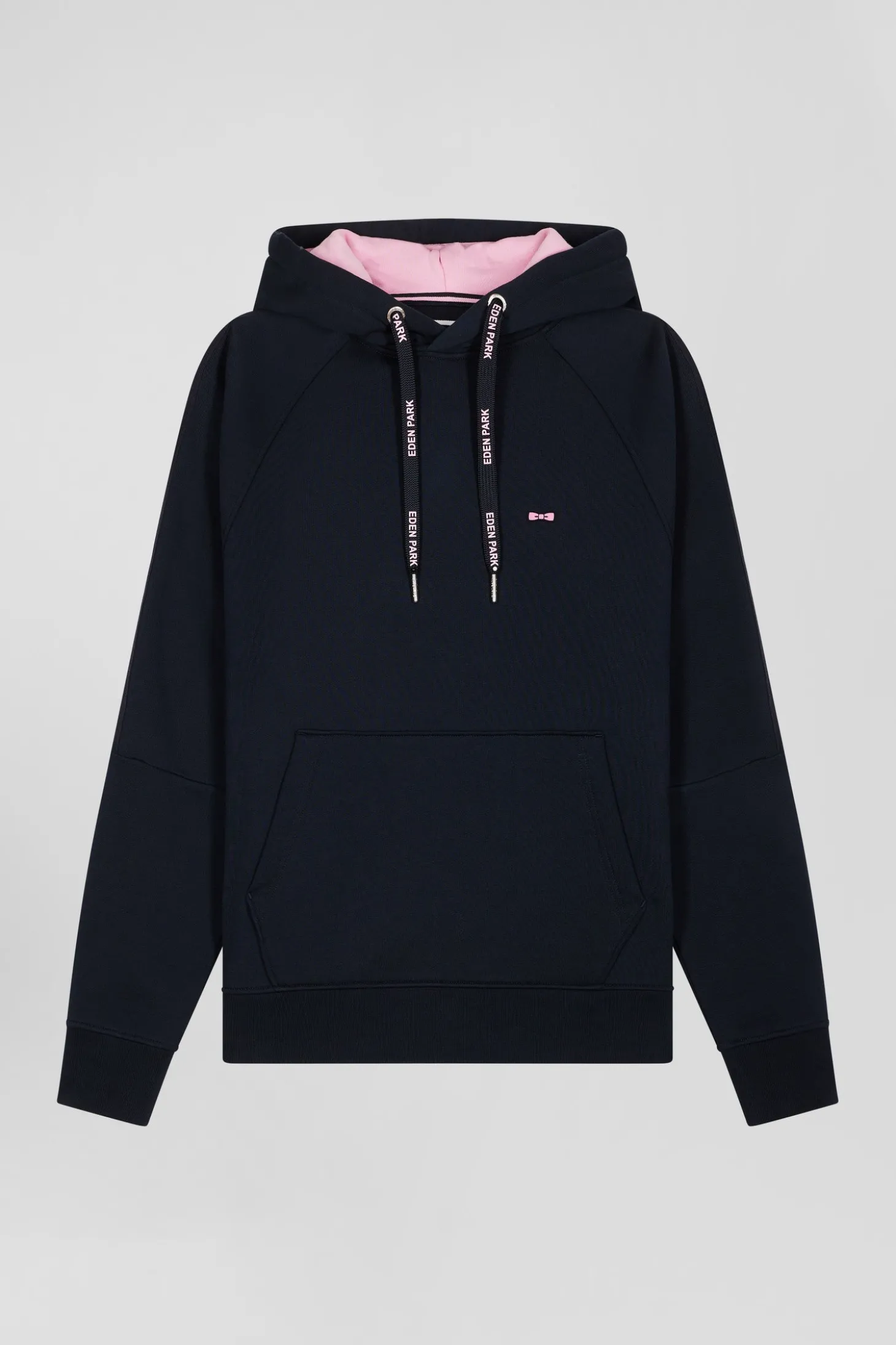 Relaxed navy blue fleece hoodie with branded drawstrings