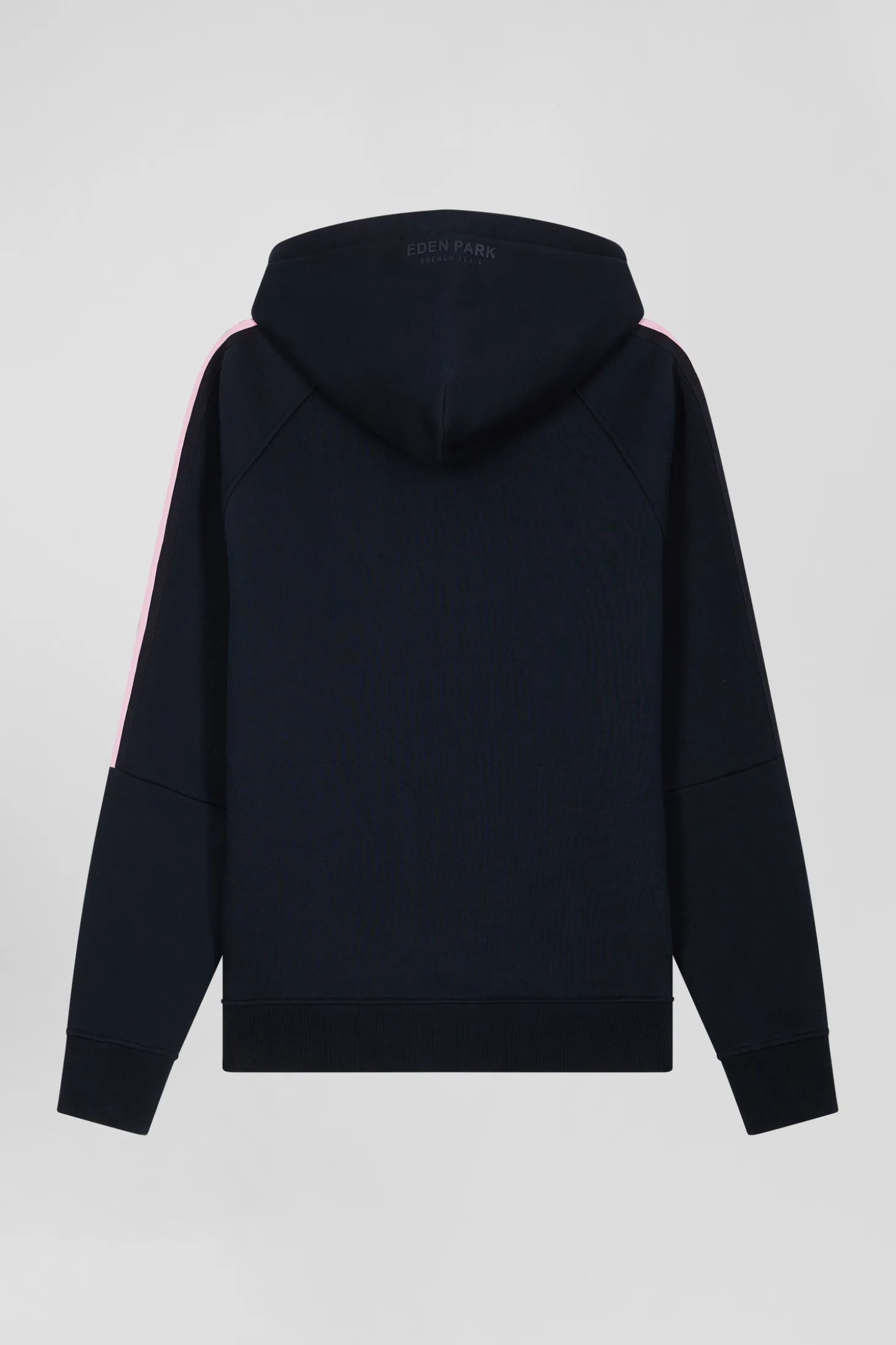 Relaxed navy blue fleece hoodie with branded drawstrings
