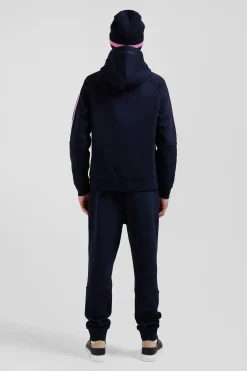 Relaxed navy blue fleece hoodie with branded drawstrings