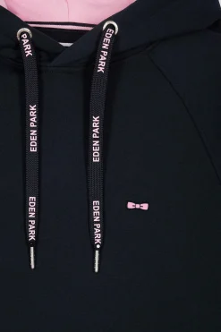 Relaxed navy blue fleece hoodie with branded drawstrings
