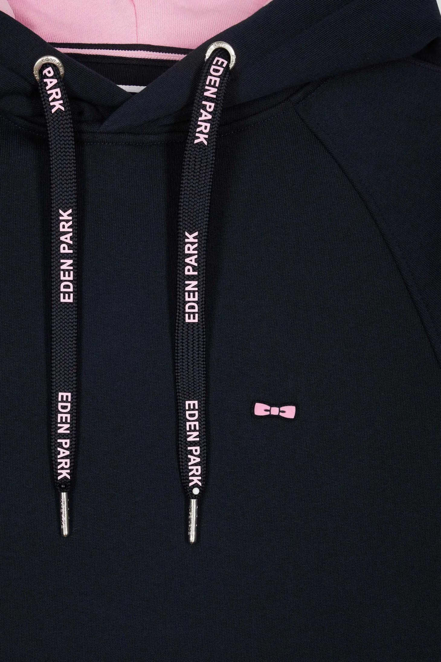 Relaxed navy blue fleece hoodie with branded drawstrings