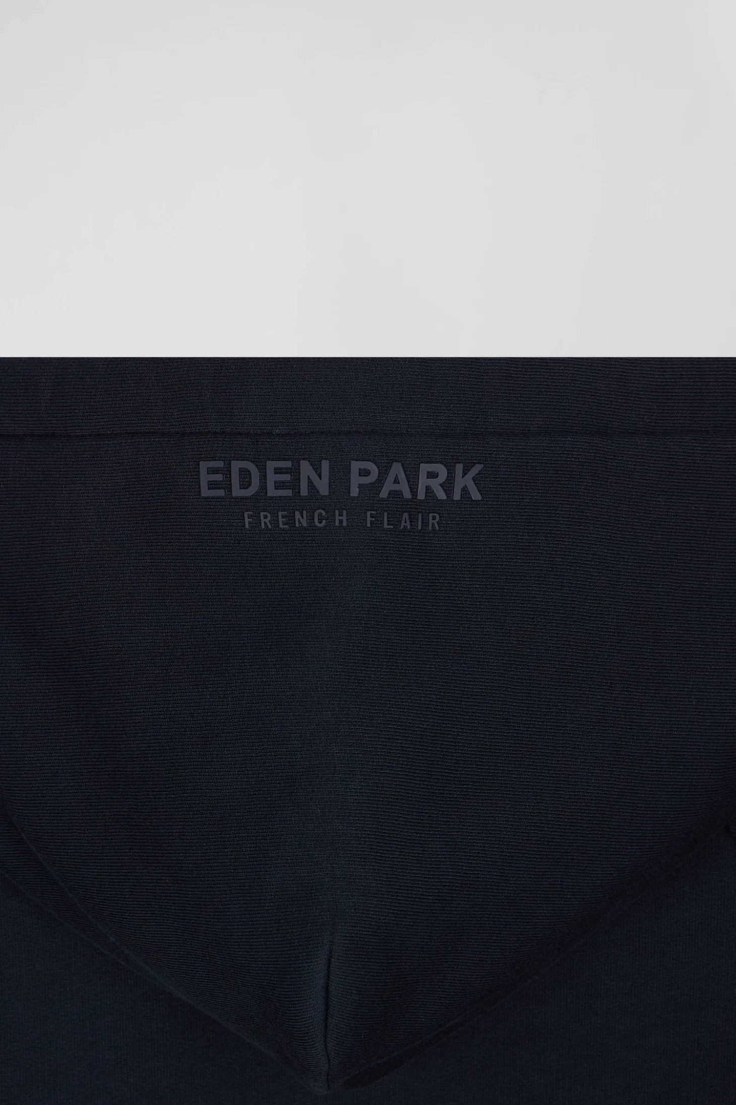 Relaxed navy blue fleece hoodie with branded drawstrings