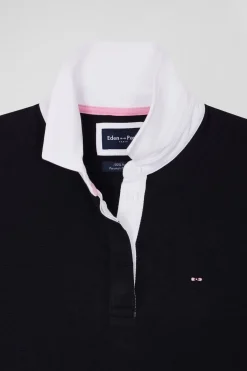 Relaxed navy blue long-sleeved cotton rugby shirt
