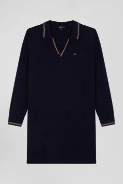 Relaxed navy blue wool and cotton shirt dress
