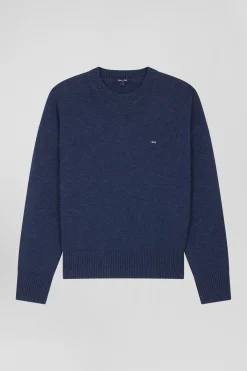 Relaxed navy wool and cotton crew neck jumper