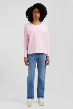 Relaxed pink long-sleeved round neck cotton T-shirt