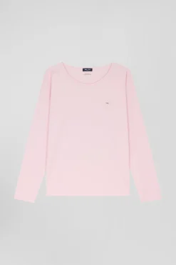 Relaxed pink long-sleeved round neck cotton T-shirt