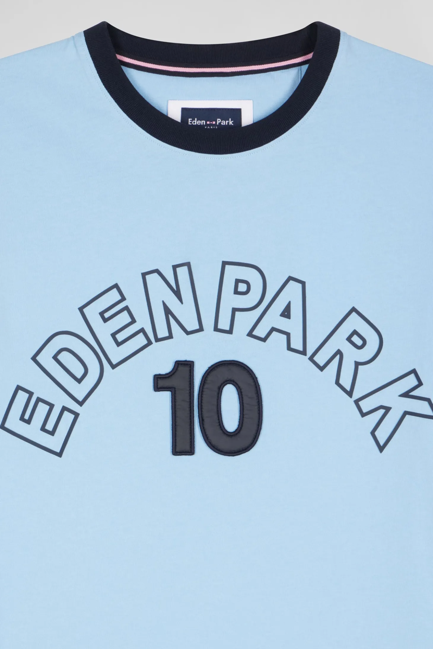 Relaxed sky blue bicolor short-sleeved cotton T-shirt with Eden Park 10 print