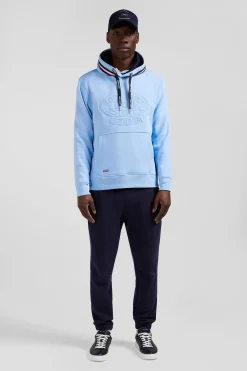 Relaxed sky blue cotton blend hoodie with padded embroidery