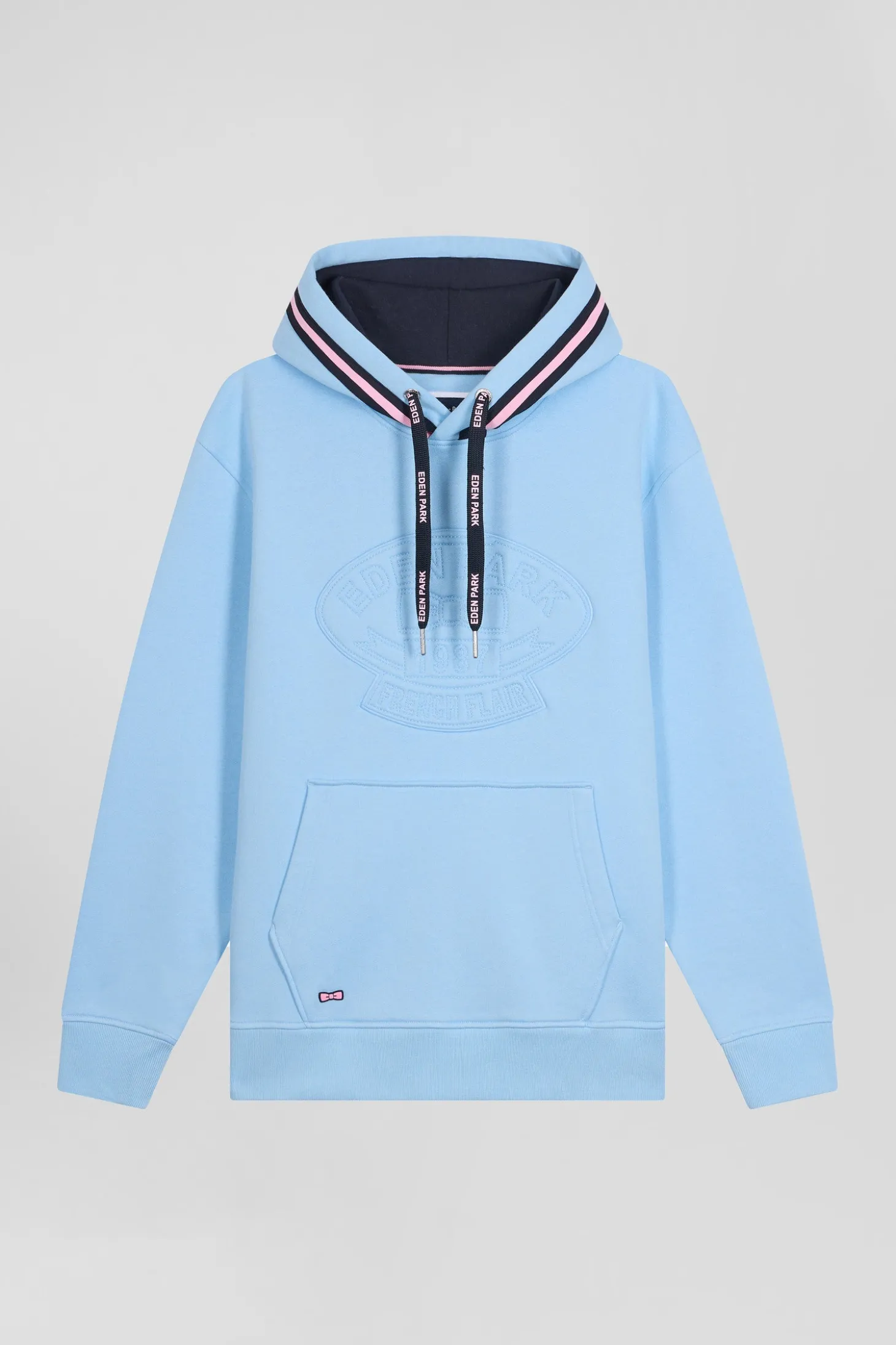 Relaxed sky blue cotton blend hoodie with padded embroidery