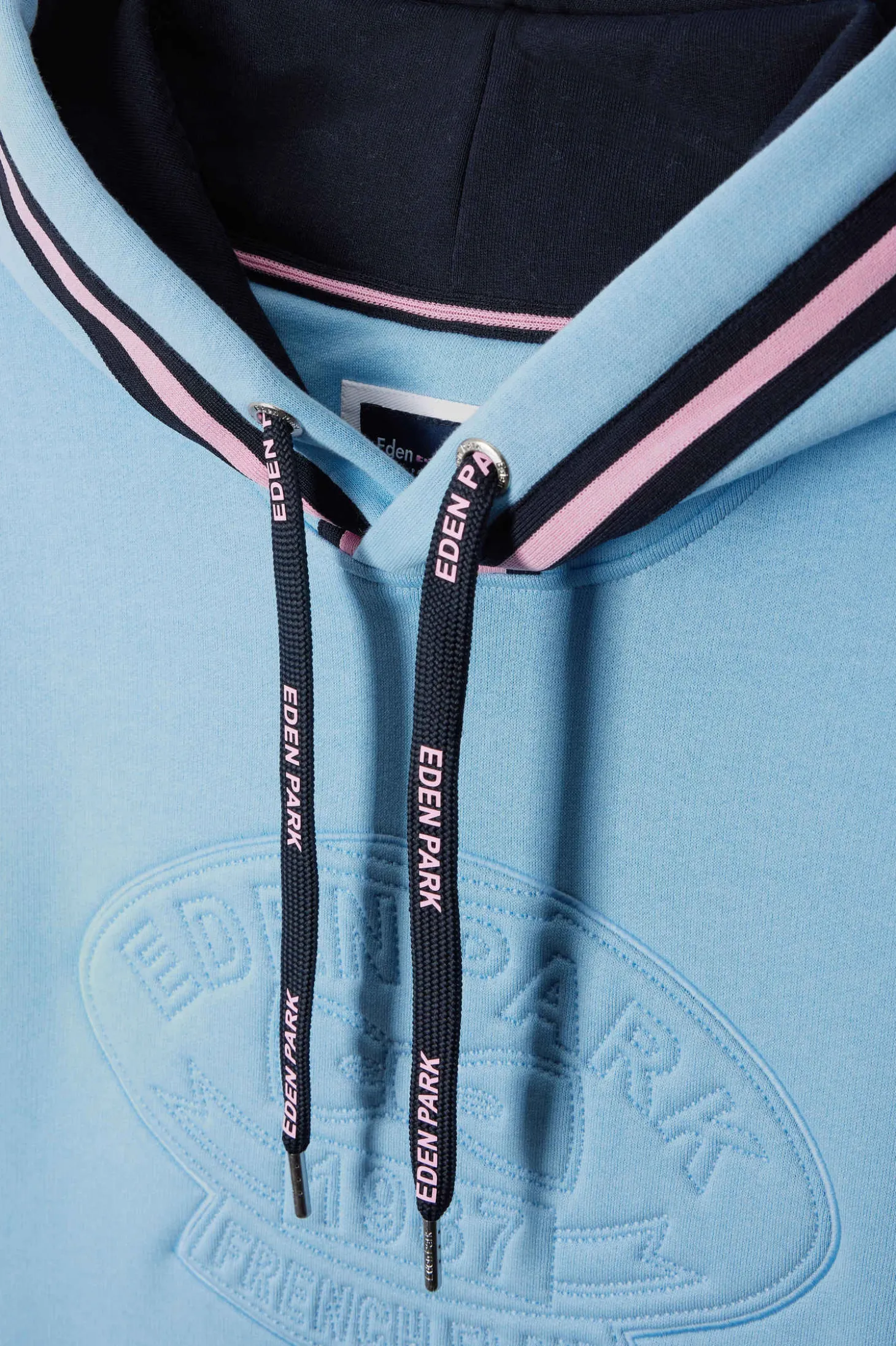 Relaxed sky blue cotton blend hoodie with padded embroidery